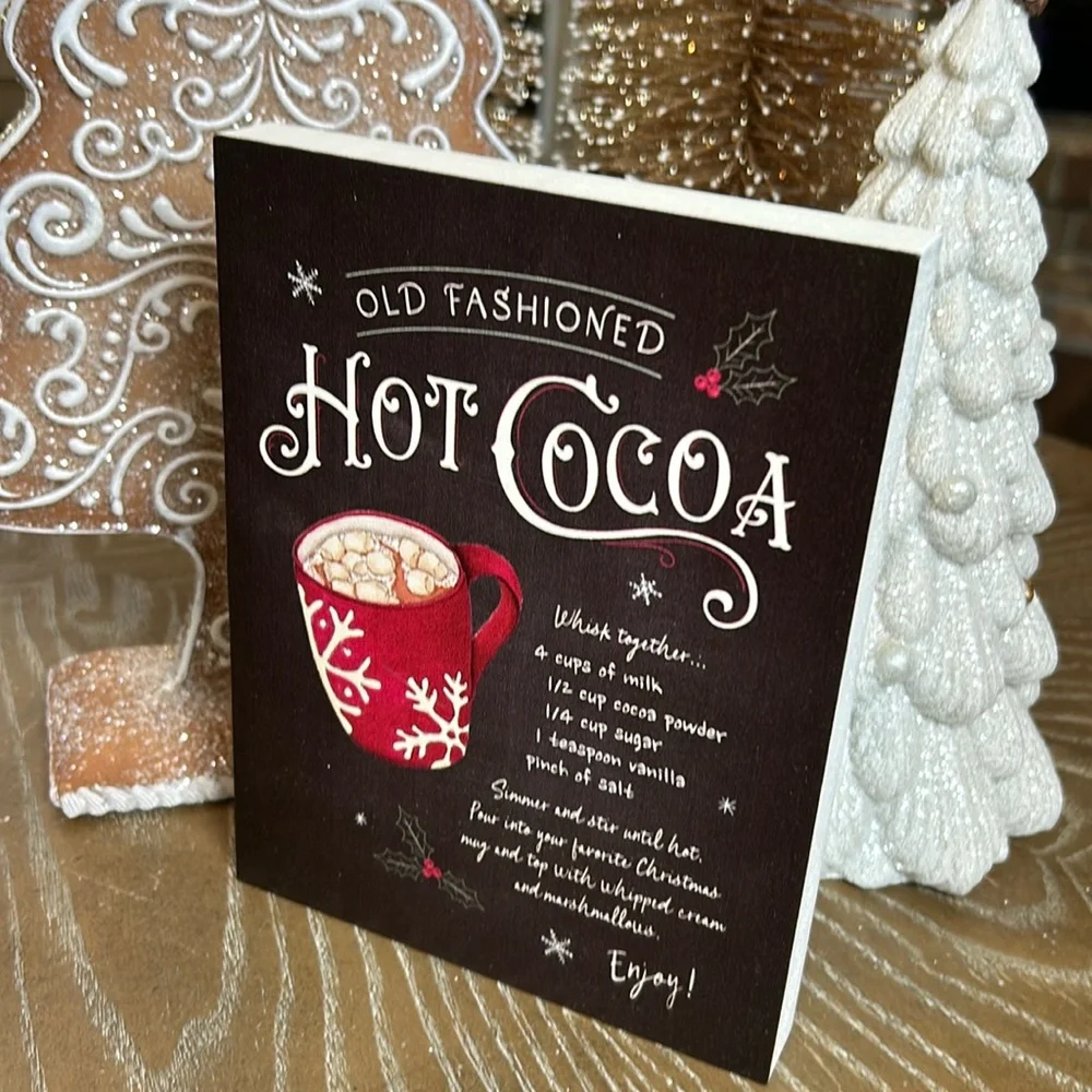 NEW! Winter Cottage Farmhouse Old Fashioned Hot Cocoa Recipe Rustic Wood Sign